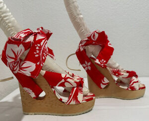 Vtg Red Floral Bow Tie Lace Up High Wood Wedge Sandals Sz 5 Cherokee Donut Holes